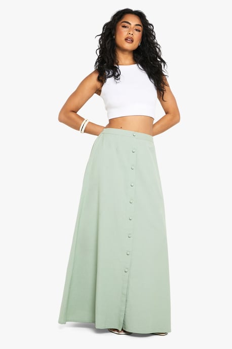 Linen Look Button Through Maxi Skirt - Image 1