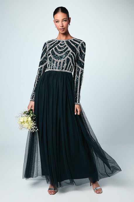 Coast Honoured Long Sleeve Sequin Bodice Tulle Skirt Maxi Bridesmaid Dress