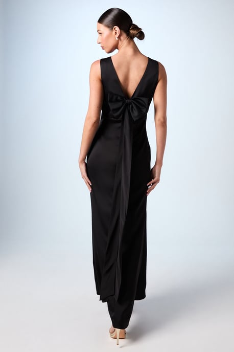 Bow Back V Neck Satin Bridesmaid Dress - Image 3