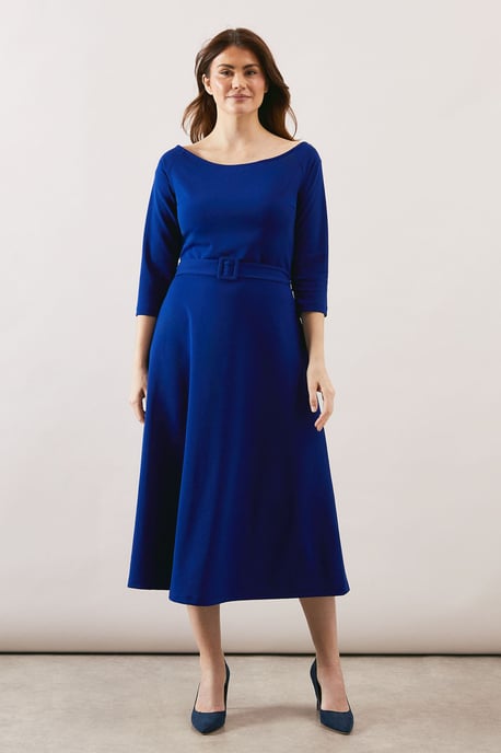 Crepe Off The Shoulder Belted Midi Dress - Image 1