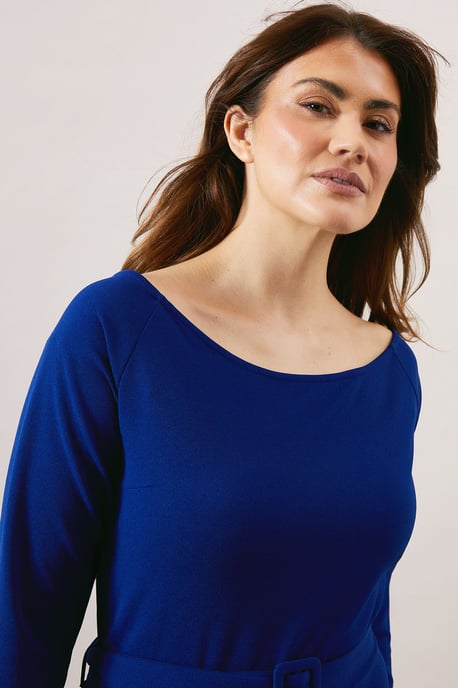 Crepe Off The Shoulder Belted Midi Dress - Image 4