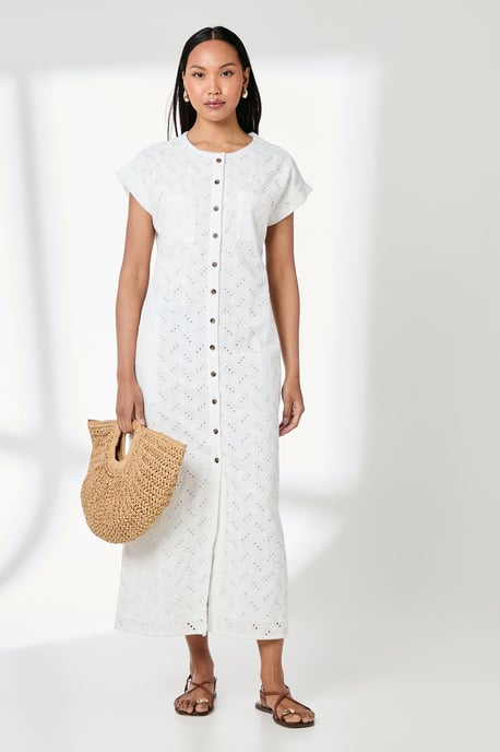 White Broderie Pocket Detail Midi Shirt Dress - Image 1