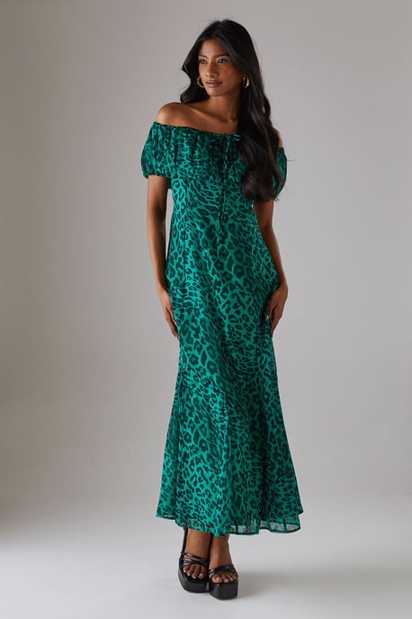 Chiffon Bardot Godet Insert Milkmaid Midi Dress - Image 1