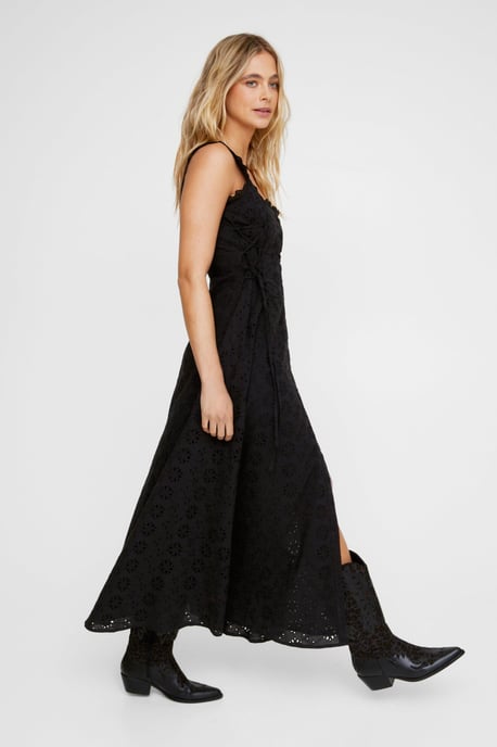 Soft Corset Broderie Lace Up Side Midi Dress - Image 3