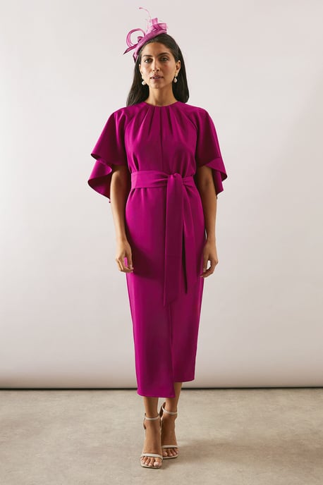 Woven Cape Belted Pencil Dress - Image 1