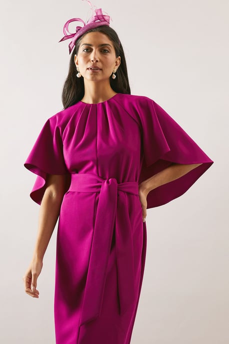 Woven Cape Belted Pencil Dress - Image 4