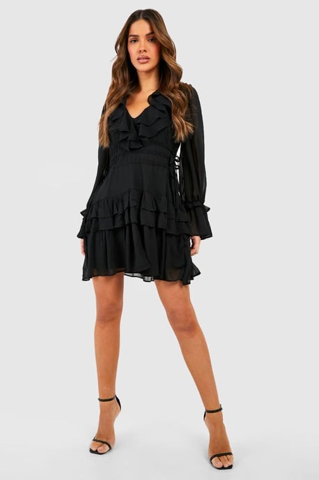 Gathered Waist Ruffle Detail Skater Dress - Image 1