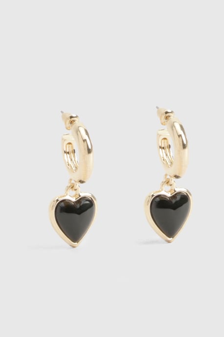Black Enamel Heart Drop Hoop Earrings - Image 2