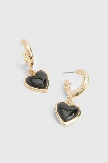 Black Enamel Heart Drop Hoop Earrings - Image 3