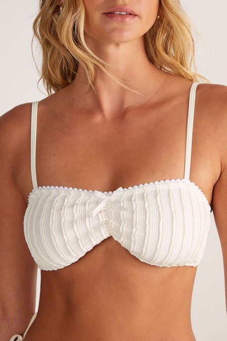 Textured Lace Trim Bow Ruched Crop Tie Side Bikini Set - Image 3