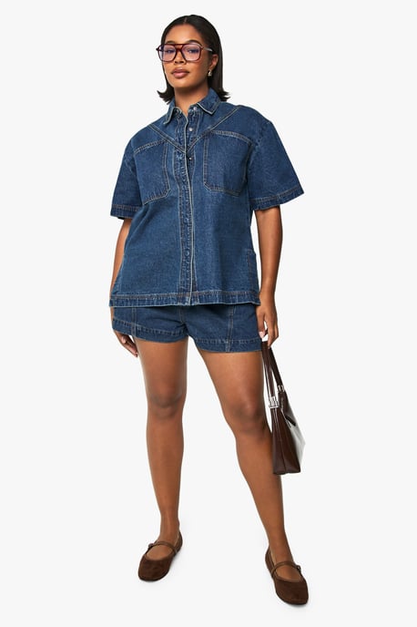 Plus Denim Short Sleeve Longline Shirt - Image 3