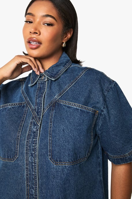 Plus Denim Short Sleeve Longline Shirt - Image 4