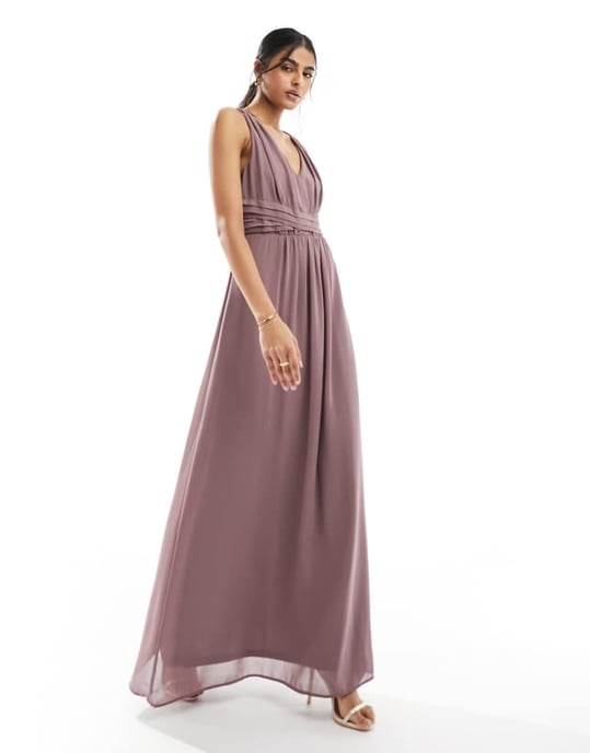 Vila Bridesmaid wrap waist detail maxi dress with pleat front in taupe-Brown - Image 1