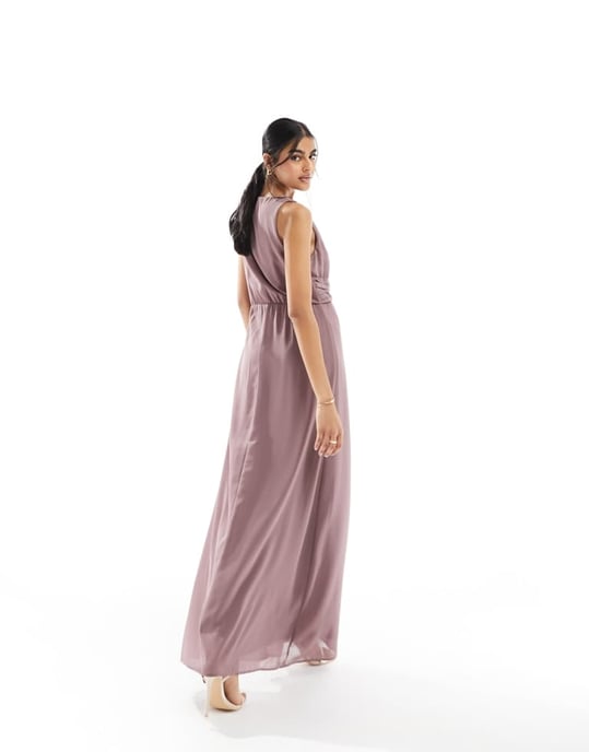 Vila Bridesmaid wrap waist detail maxi dress with pleat front in taupe-Brown - Image 4