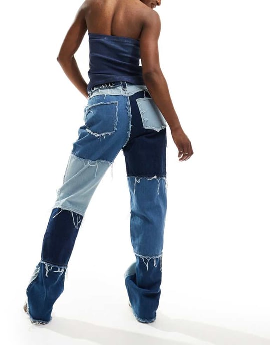Jaded London boyfriend jeans in blue patchwork denim - Image 3
