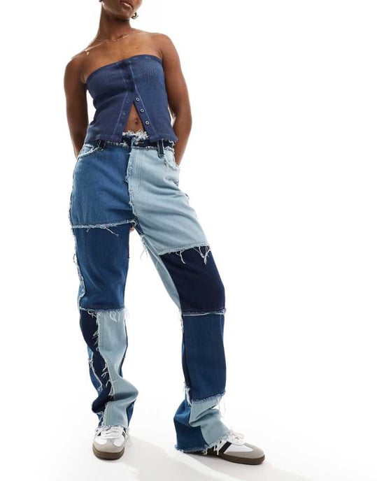 Jaded London boyfriend jeans in blue patchwork denim - Image 4