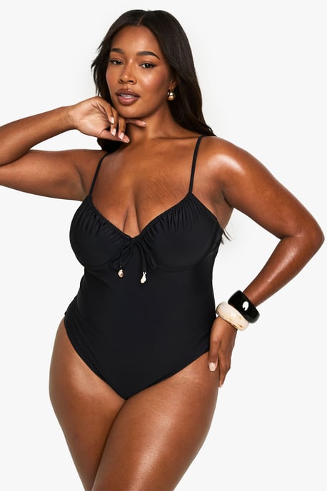 Plus Shell Trim Ruched Cup Underwire Swimsuit - Image 1