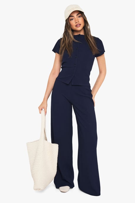 Crinkle Rib Button Through Cap Sleeve Top and Trouser Set - Image 1