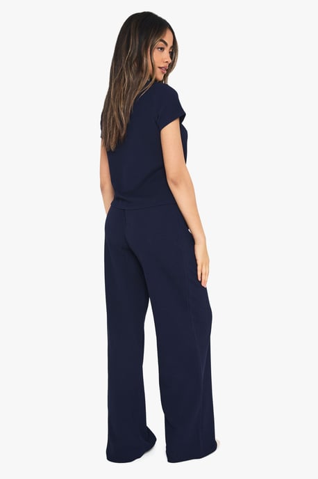 Crinkle Rib Button Through Cap Sleeve Top and Trouser Set - Image 2