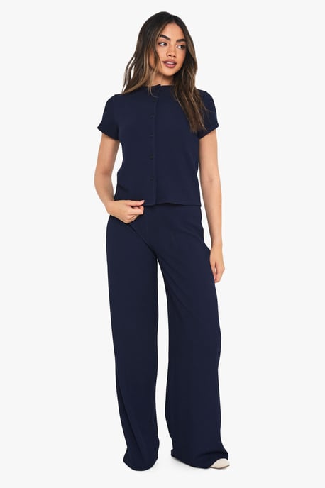 Crinkle Rib Button Through Cap Sleeve Top and Trouser Set - Image 3