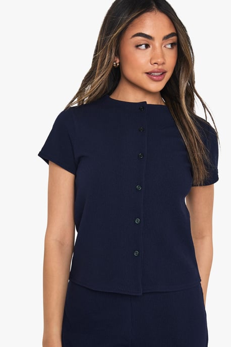 Crinkle Rib Button Through Cap Sleeve Top and Trouser Set - Image 4
