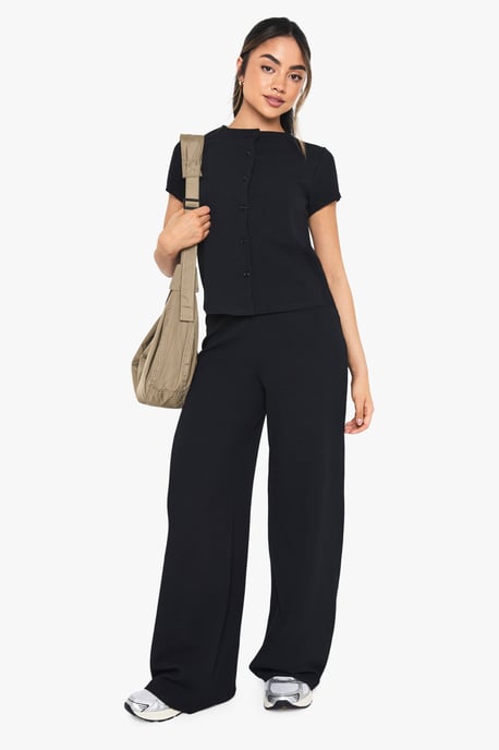Crinkle Rib Button Through Cap Sleeve Top and Trouser Set - Image 1