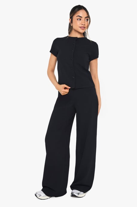 Crinkle Rib Button Through Cap Sleeve Top and Trouser Set - Image 3