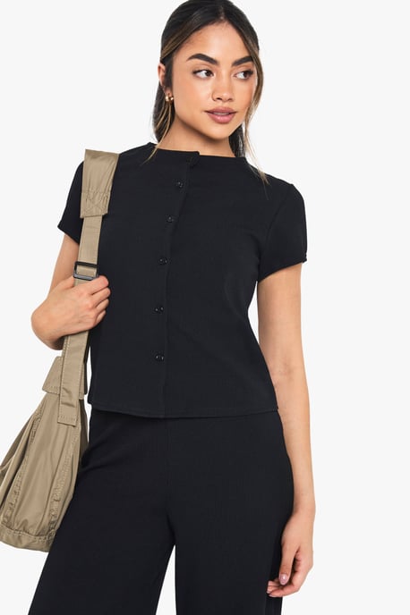 Crinkle Rib Button Through Cap Sleeve Top and Trouser Set - Image 4