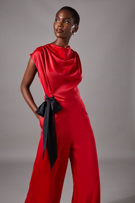 Tie Side Satin Drape Wide Leg Jumpsuit - Image 2