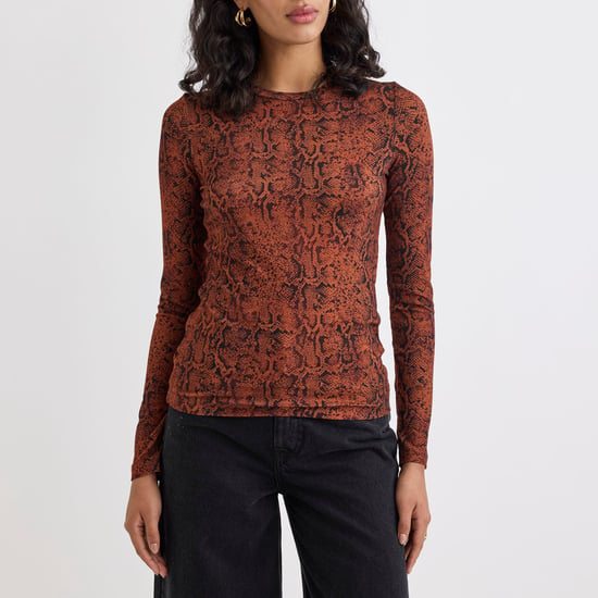 Dames Nobodys Child Spencer Dierenprint Langemouwen Top in Kastanje - Image 1