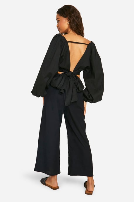 Linen Look Balloon Sleeve Crop & Wide Leg Trousers - Image 2
