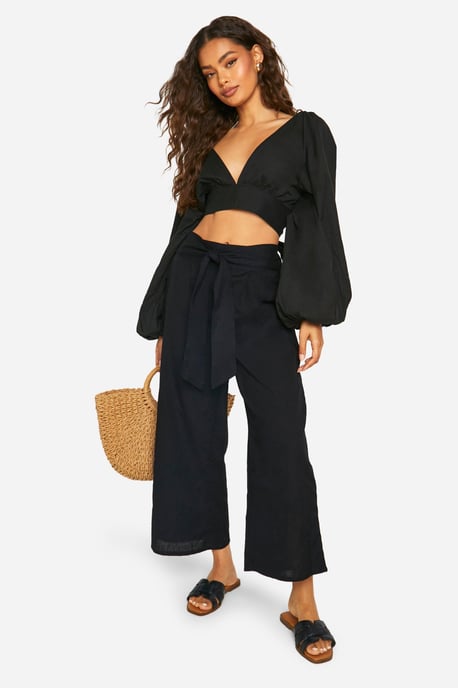 Linen Look Balloon Sleeve Crop & Wide Leg Trousers - Image 3