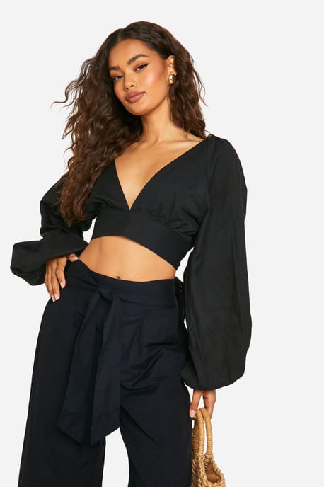 Linen Look Balloon Sleeve Crop & Wide Leg Trousers - Image 4