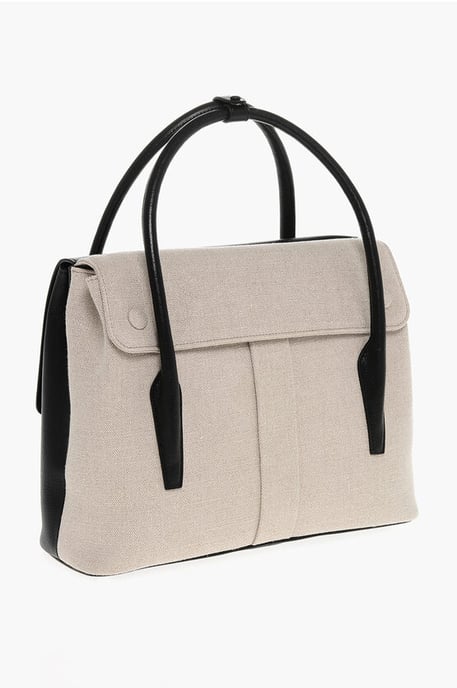 Canvas and Leather Tote Bag with Adjustable Shoulder Strap in Black - Image 2