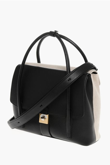 Canvas and Leather Tote Bag with Adjustable Shoulder Strap in Black - Image 3