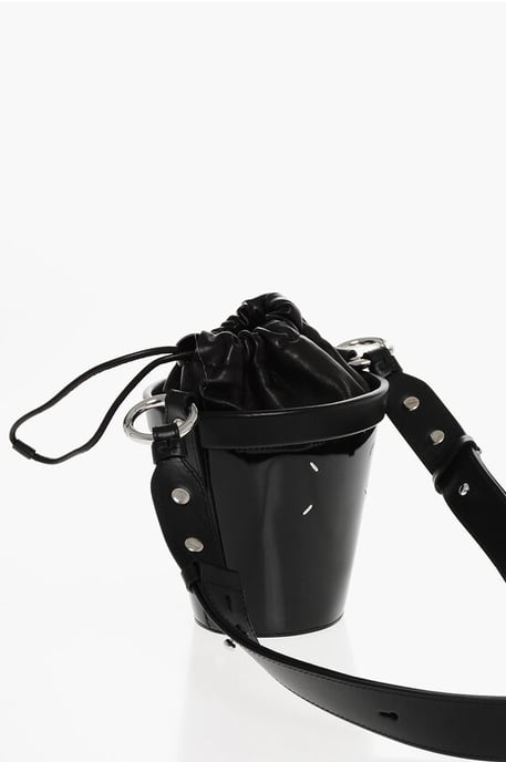 Patent Leather Bucket Bag with Adjustable Shoulder Strap in Black - Image 2