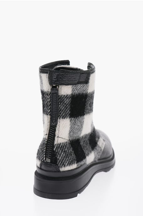 Buffalo Checked Wool and Textured Leather Combat Boots in Black & White - Image 2