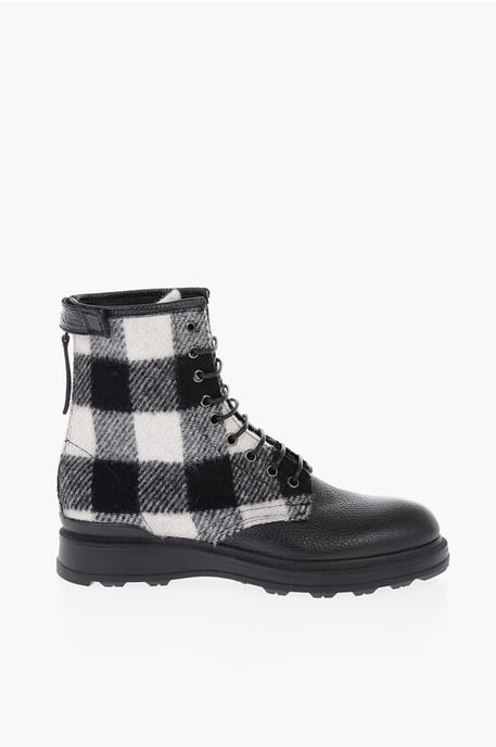 Buffalo Checked Wool and Textured Leather Combat Boots in Black & White - Image 3