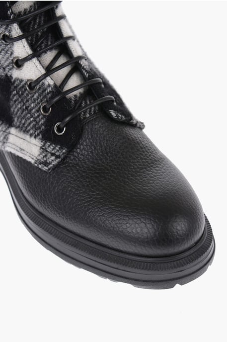 Buffalo Checked Wool and Textured Leather Combat Boots in Black & White - Image 4