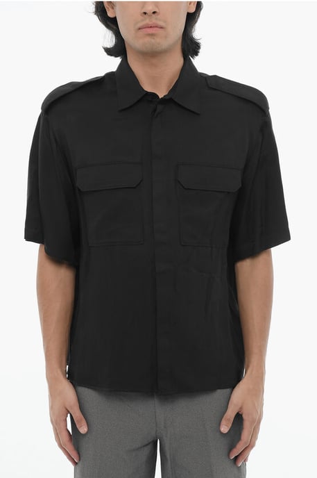 Short Sleeved Loose Fit Shirt with Double Breast Pocket in Black - Image 1