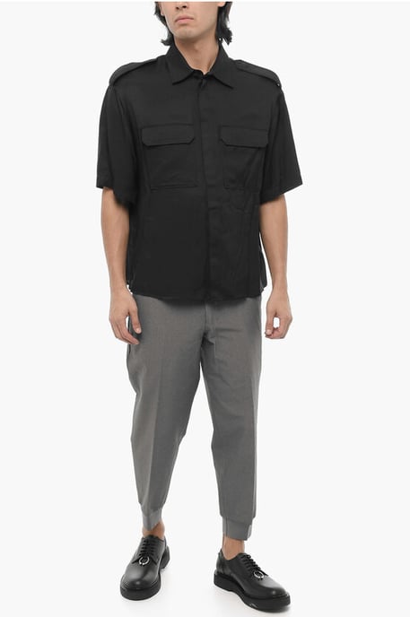 Short Sleeved Loose Fit Shirt with Double Breast Pocket in Black - Image 4