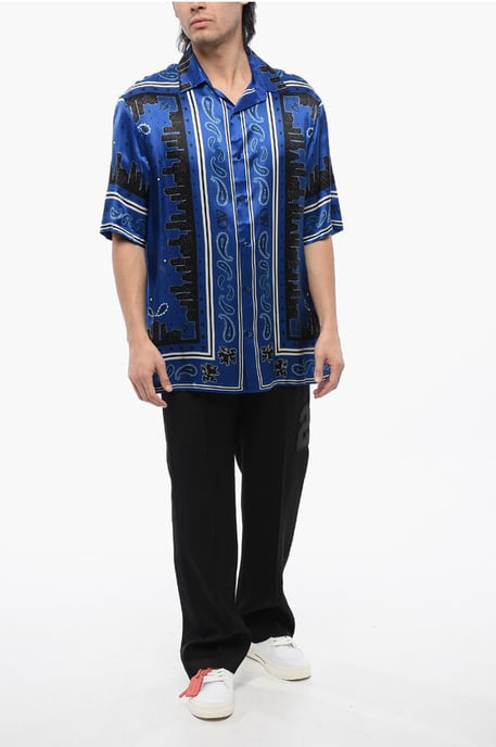 Bandana Motif Bowling Shirt in Blu, Nero - Image 4