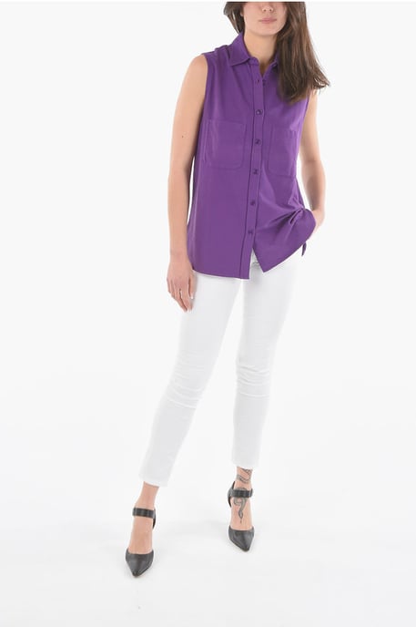 Cotton Sleeveless Maxi Shirt with Double Breast Pockets in Violet - Image 4