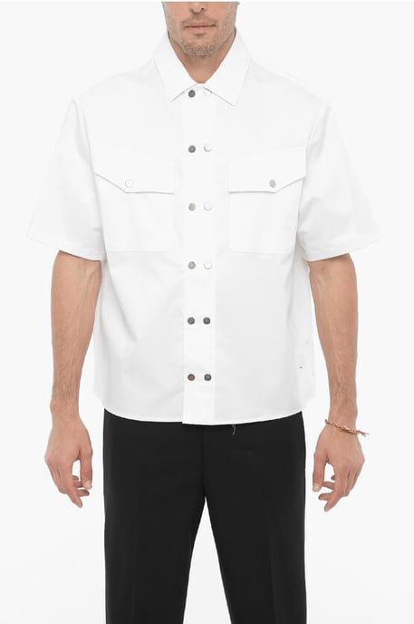 Short Sleeved Boxy Fit Shirt with Double Breast Pocket in White - Image 1