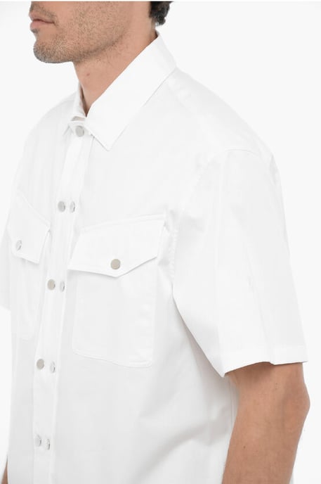 Short Sleeved Boxy Fit Shirt with Double Breast Pocket in White - Image 4