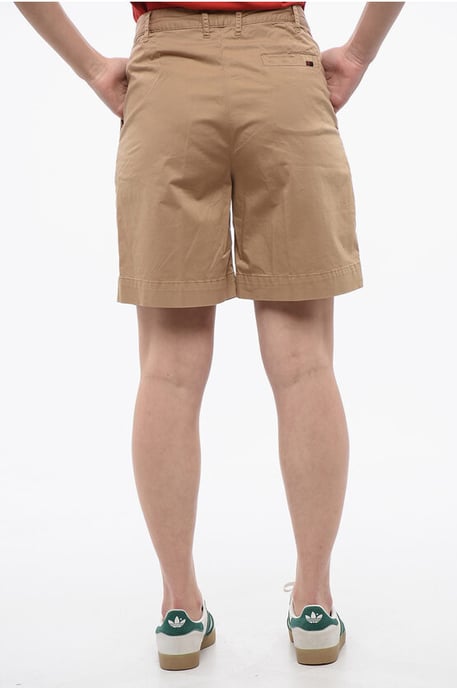 Double-pleated Stretch Cotton Shorts with Belt Loops in Beige - Image 2