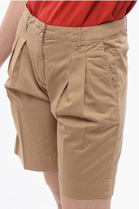 Double-pleated Stretch Cotton Shorts with Belt Loops in Beige - Image 3