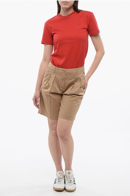 Double-pleated Stretch Cotton Shorts with Belt Loops in Beige - Image 4