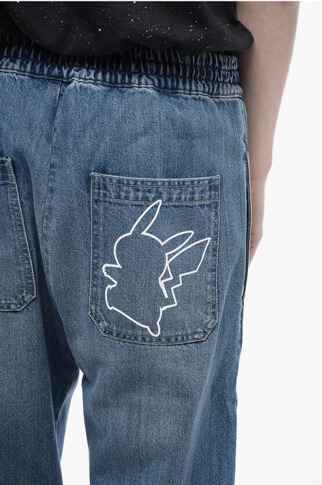 BALMAIN X POKEMON Denim Gaucho Shorts with Elastic Waistband in Light blue - Image 3
