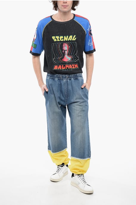 BALMAIN X POKEMON Denim Gaucho Shorts with Elastic Waistband in Light blue - Image 4